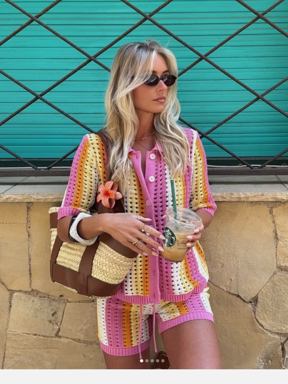 ZARA STRIPED OPENWORK KNIT POLO JACKET AND SHORTS